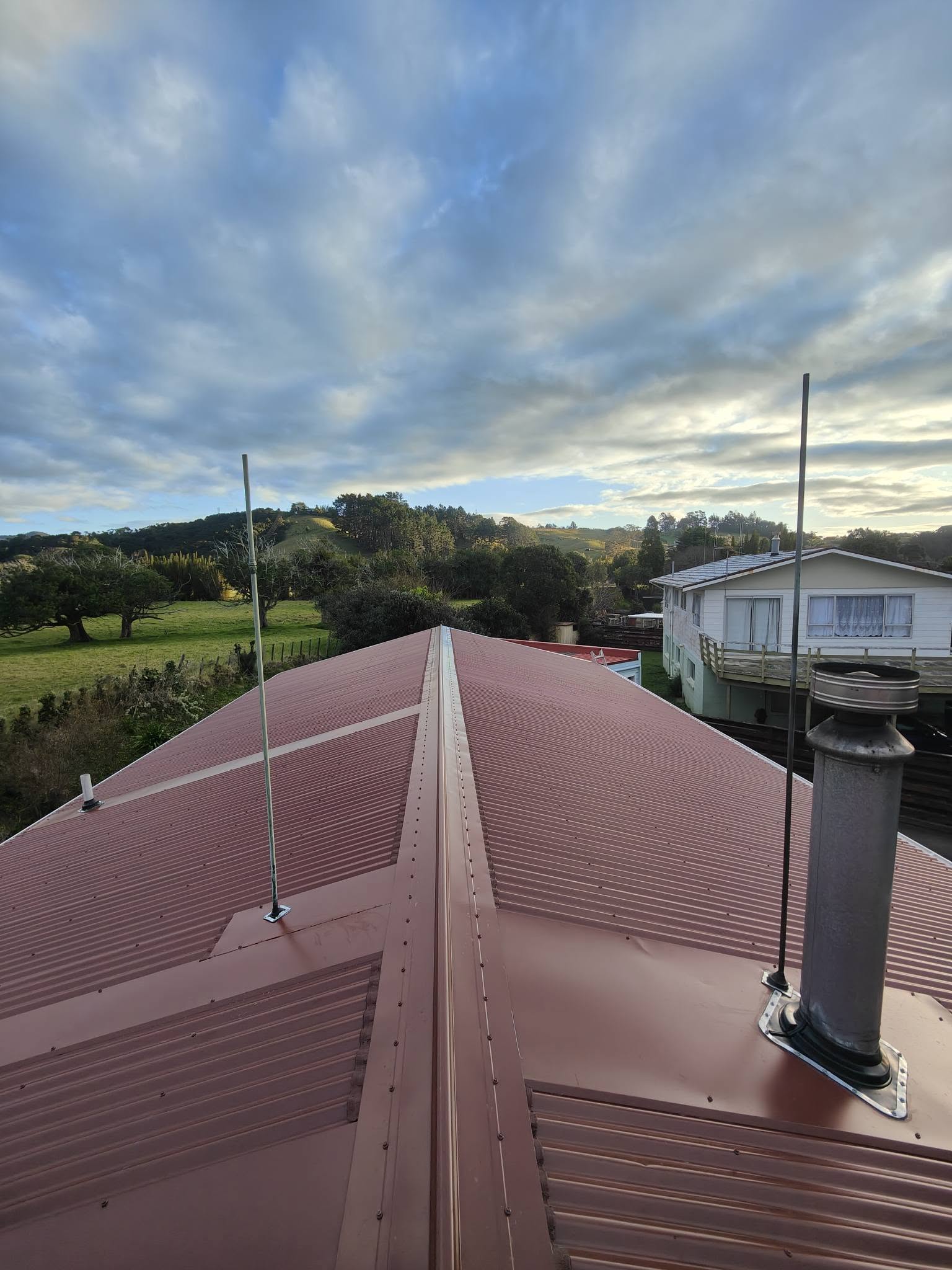 Roof repair work underway from scaffolding